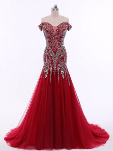 Red Mermaid Beading Prom Evening Gown Zipper Tulle Sleeveless