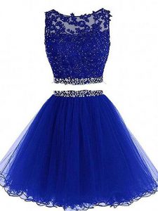 Royal Blue Zipper Scoop Beading and Lace and Appliques Tulle Sleeveless