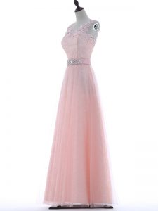 Sleeveless Floor Length Lace and Appliques Zipper Prom Dress with Baby Pink