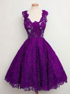 Knee Length Lace Up Dama Dress for Quinceanera Purple for Prom and Party and Wedding Party with Lace