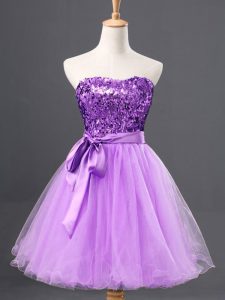 Lavender A-line Tulle Sweetheart Sleeveless Sashes ribbons and Sequins Mini Length Zipper Prom Dress