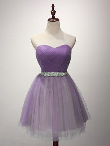 Fantastic Sweetheart Sleeveless Quinceanera Dama Dress Mini Length Ruching Lavender Tulle