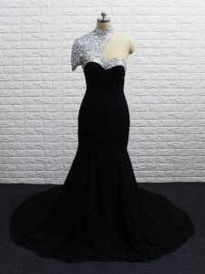 Fabulous Black Prom Dresses Chiffon Brush Train Short Sleeves Beading