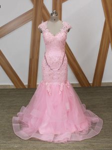 Mermaid Prom Evening Gown Baby Pink V-neck Tulle Cap Sleeves Backless