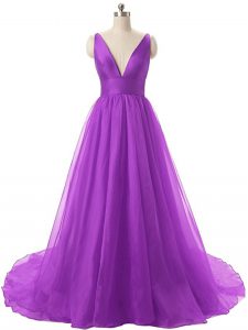 Lovely Eggplant Purple V-neck Neckline Ruching Prom Gown Sleeveless Backless