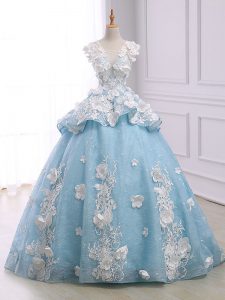Ball Gowns Sleeveless Light Blue Ball Gown Prom Dress Court Train Lace Up