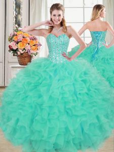 Organza Sweetheart Sleeveless Lace Up Beading and Ruffles Sweet 16 Dress in Turquoise