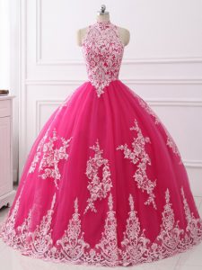 Tulle High-neck Sleeveless Zipper Lace Sweet 16 Dress in Hot Pink
