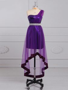 Purple Sleeveless Tulle and Sequined Zipper Evening Dress for Prom and Party and Sweet 16
