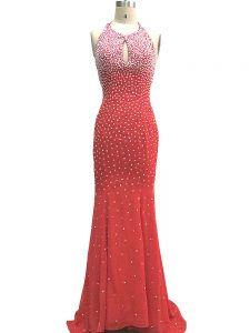 New Style Column/Sheath Sleeveless Red Dress for Prom Brush Train Criss Cross