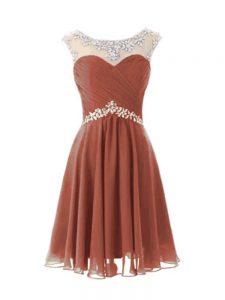 Custom Made Cap Sleeves Knee Length Beading Zipper Evening Dress with Brown