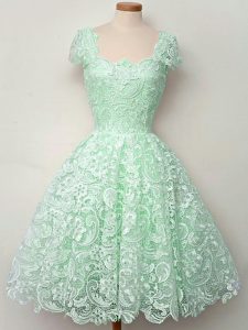 Graceful Lace Quinceanera Dama Dress Apple Green Lace Up Cap Sleeves Knee Length