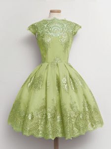 A-line Quinceanera Court of Honor Dress Yellow Green Scalloped Tulle Cap Sleeves Knee Length Lace Up