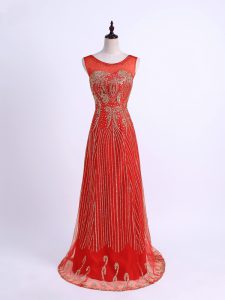 Red Tulle Zipper Sweetheart Sleeveless Floor Length Prom Dresses Beading