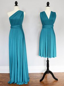 Teal One Shoulder Neckline Ruching Dama Dress Sleeveless Lace Up