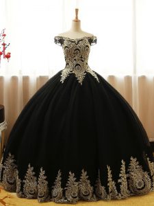 Suitable Off The Shoulder Sleeveless Lace Up Quinceanera Dresses Black Tulle