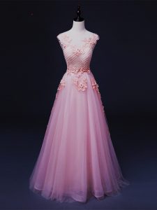 Custom Design Floor Length Lace Up Evening Dress Baby Pink for Prom and Party with Appliques