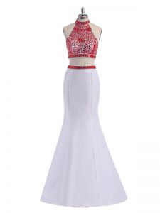 Extravagant White Two Pieces Satin Halter Top Sleeveless Beading Floor Length Criss Cross Prom Gown