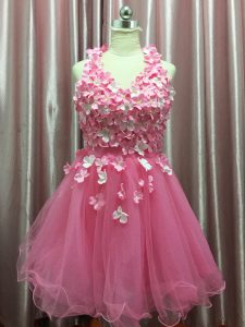 Chic Mini Length Pink Prom Gown Tulle Sleeveless Hand Made Flower