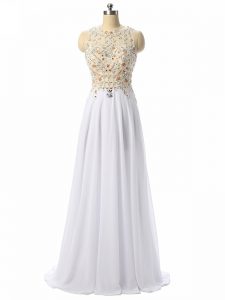White Empire Beading and Lace and Appliques Prom Dress Zipper Chiffon Sleeveless High Low