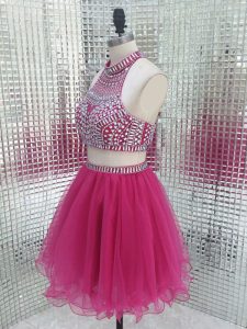 Fuchsia Backless High-neck Beading Dress for Prom Tulle Sleeveless