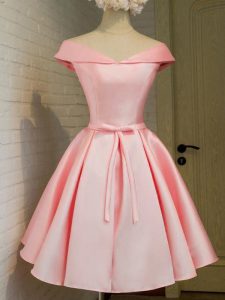 Knee Length Baby Pink Court Dresses for Sweet 16 Off The Shoulder 3 4 Length Sleeve Lace Up