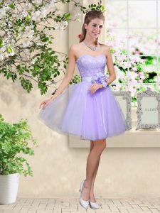 Luxury Sweetheart Sleeveless Quinceanera Court Dresses Knee Length Lace and Belt Lilac Tulle