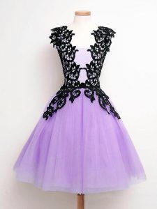 Lavender Tulle Lace Up Straps Sleeveless Knee Length Quinceanera Court of Honor Dress Lace