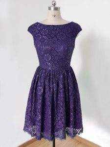 Comfortable Purple Lace Lace Up Scoop Cap Sleeves Knee Length Quinceanera Court of Honor Dress Lace