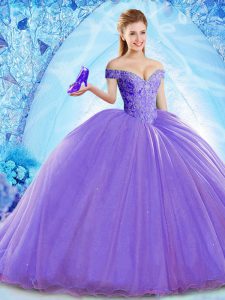 Sophisticated Beading Sweet 16 Dresses Lavender Lace Up Sleeveless Brush Train