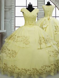 Luxury Lace Up Sweet 16 Quinceanera Dress Light Yellow for Military Ball and Sweet 16 and Quinceanera with Beading and Embroidery Brush Train