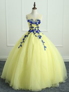 Trendy Ball Gowns Quinceanera Dress Light Yellow Scoop Organza Sleeveless Floor Length Lace Up