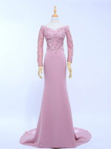 Lace and Appliques Dress for Prom Lilac Zipper Long Sleeves Brush Train