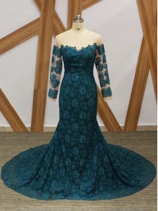 Designer Teal Scoop Zipper Lace Dress for Prom Long Sleeves