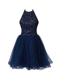 Designer Navy Blue Zipper Halter Top Beading Prom Evening Gown Tulle Sleeveless