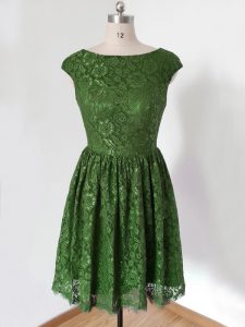 High Class Olive Green Empire Scoop Cap Sleeves Lace Knee Length Lace Up Lace Dama Dress