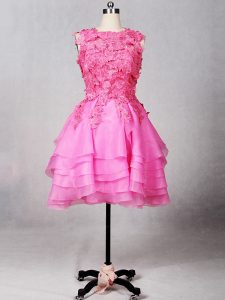 Rose Pink Zipper Prom Evening Gown Lace and Appliques and Ruffled Layers Sleeveless Knee Length