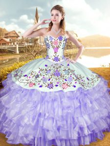 Sweetheart Sleeveless Sweet 16 Quinceanera Dress Floor Length Embroidery and Ruffled Layers Lavender Organza and Taffeta