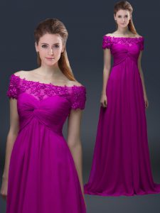 Decent Short Sleeves Floor Length Appliques Lace Up Prom Evening Gown with Fuchsia