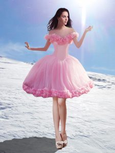 Extravagant A-line Prom Party Dress Baby Pink Off The Shoulder Tulle Sleeveless Mini Length Lace Up
