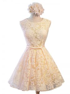 New Style Sleeveless Lace Knee Length Lace Up Court Dresses for Sweet 16 in Champagne with Belt