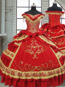 Stunning Red Ball Gowns Satin and Taffeta Off The Shoulder Cap Sleeves Beading and Embroidery and Ruffled Layers Floor Length Zipper Sweet 16 Quinceanera Dress