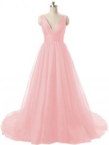 Exquisite Baby Pink Organza Zipper V-neck Sleeveless Prom Party Dress Brush Train Ruching