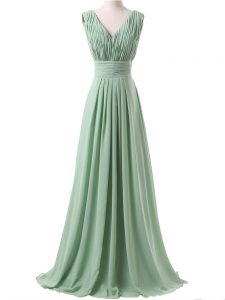Deluxe Chiffon V-neck Sleeveless Lace Up Ruching Quinceanera Court of Honor Dress in Apple Green