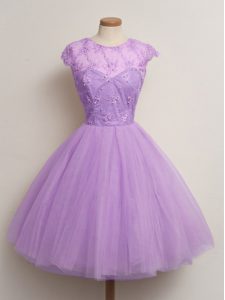 Lovely Lilac Cap Sleeves Knee Length Lace Lace Up Dama Dress for Quinceanera