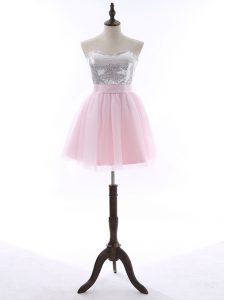 Free and Easy Baby Pink Tulle and Sequined Zipper Sweetheart Sleeveless Mini Length Prom Evening Gown Sequins and Bowknot