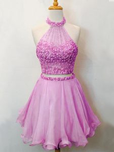 Fabulous Sleeveless Knee Length Beading Lace Up Damas Dress with Lilac