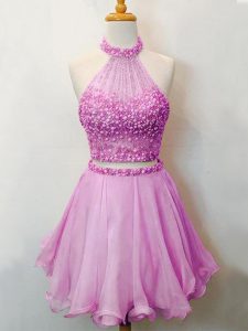 Fabulous Sleeveless Knee Length Beading Lace Up Damas Dress with Lilac