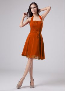 Orange Sleeveless Knee Length Ruching Zipper Evening Dress