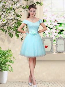 Cap Sleeves Tulle Knee Length Lace Up Quinceanera Court of Honor Dress in Aqua Blue with Lace and Belt